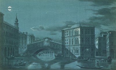 Nächtliche Szene der Ponte di Rialto, Venedig, graviert von Brizeghel von Dalda